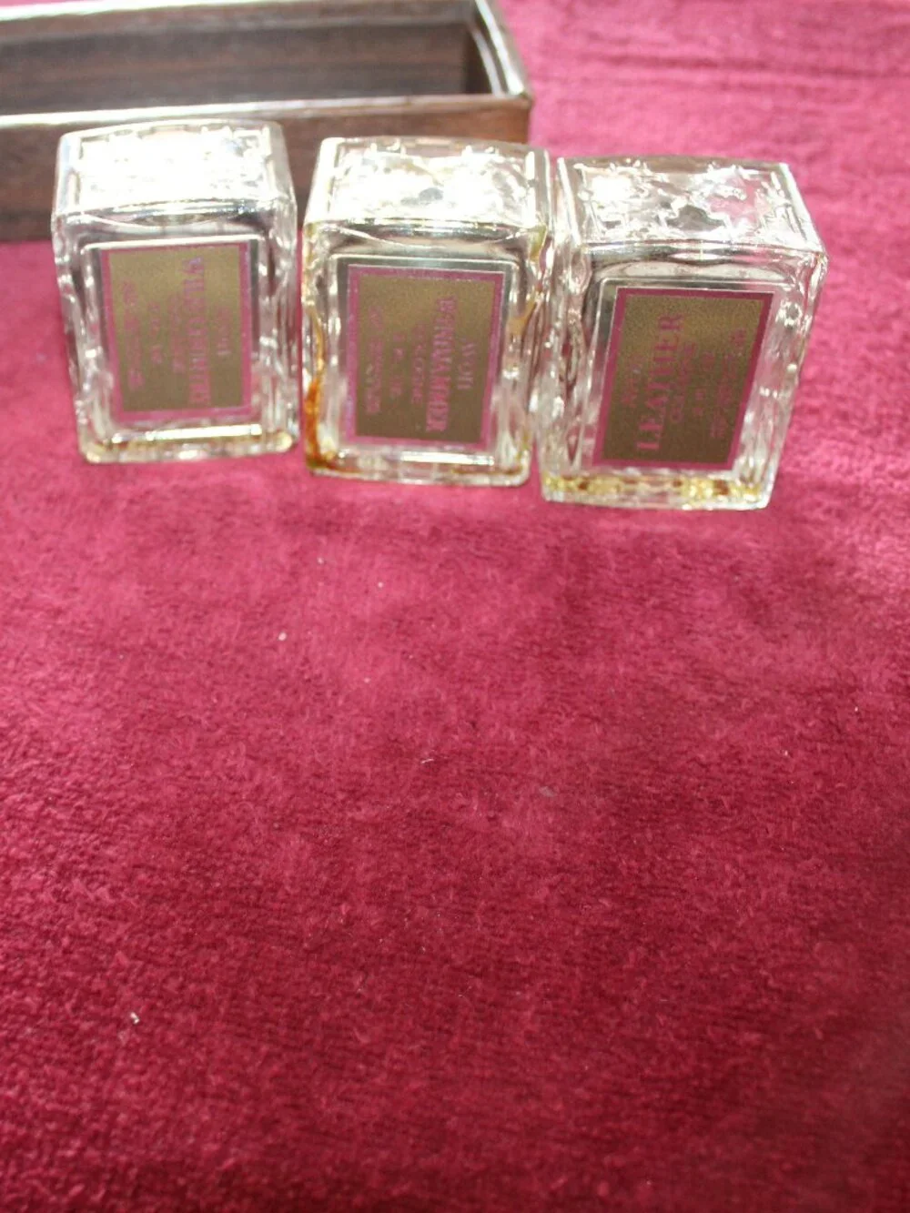 Vintage Avon dresser set w/ three clear glass bottles & decorative cardboard box